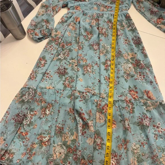 Floral V-Neck Blue Dress - Picture 3 of 4